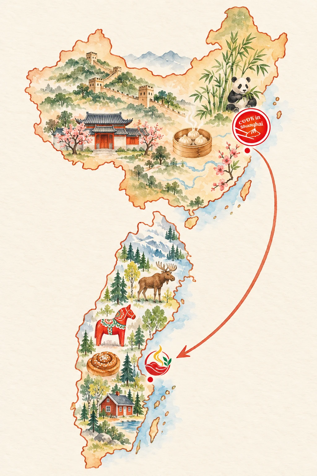 Stående målad illustration med Kinas kontur överst och Sveriges underst. Cook in Shanghais logga markerar Shanghai och en pil leder till COSHI-symbolen vid Stockholm. Kinesiska muren, dumplings, en dalahäst och en kanelbulle dekorerar kartorna.