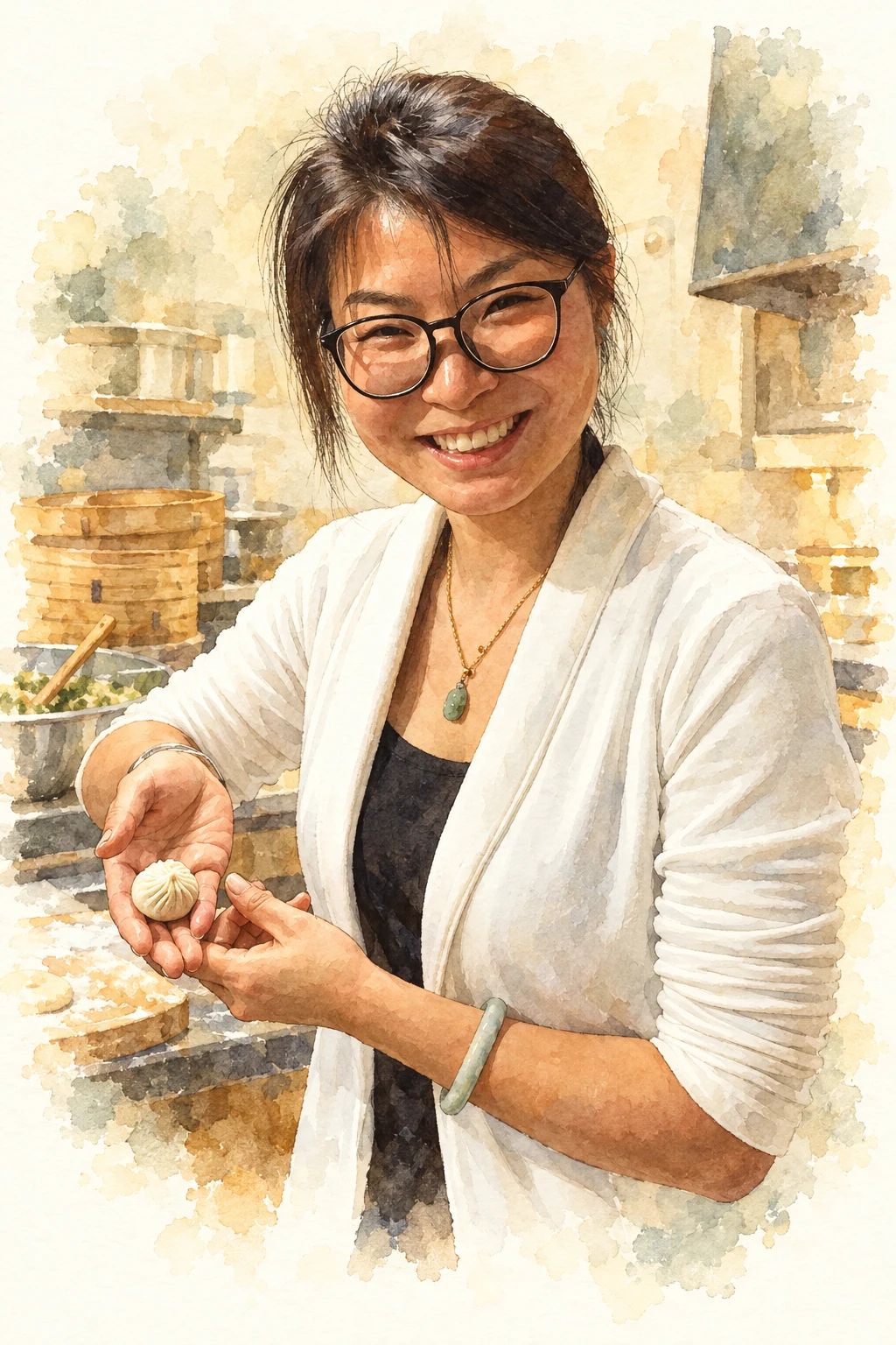 Illustrerat porträtt av Helen Liu som ler och visar en dumpling