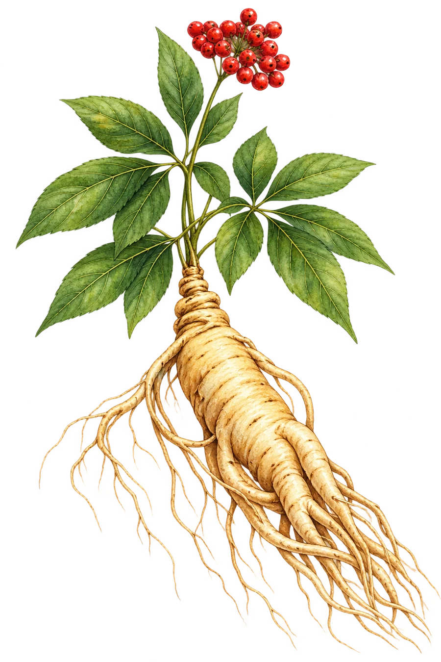 Målad botanisk illustration av ginseng med grenad rot, gröna blad och röda bär