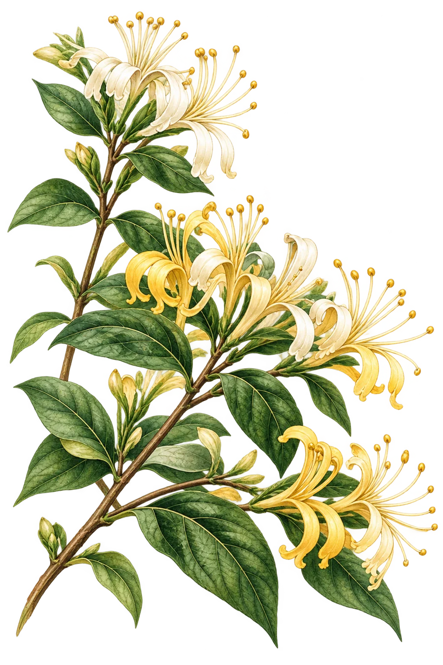 Målad botanisk illustration av japansk kaprifol med vita och gula blommor