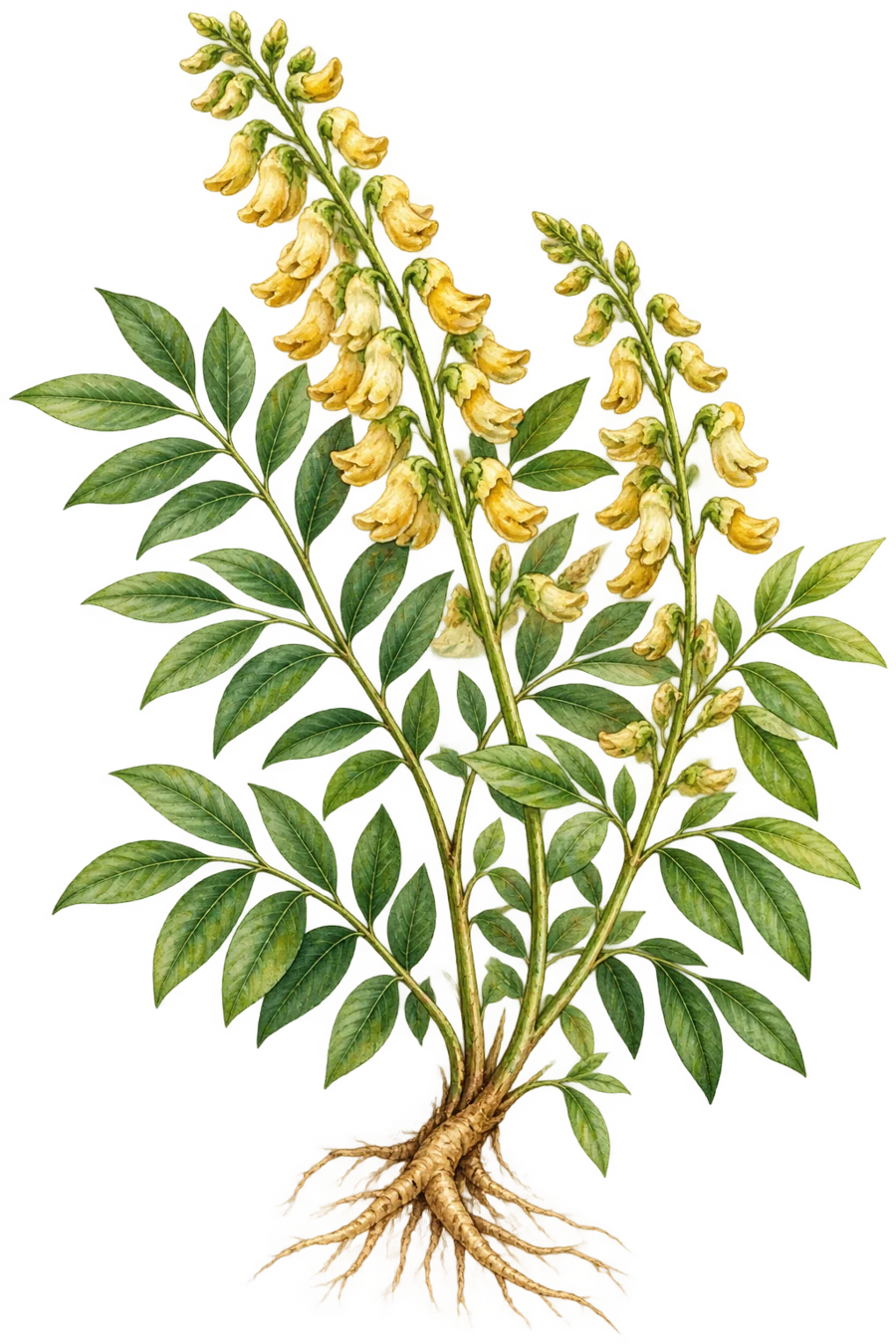 Målad botanisk illustration av Ku Shen med små gula blommor och gröna blad