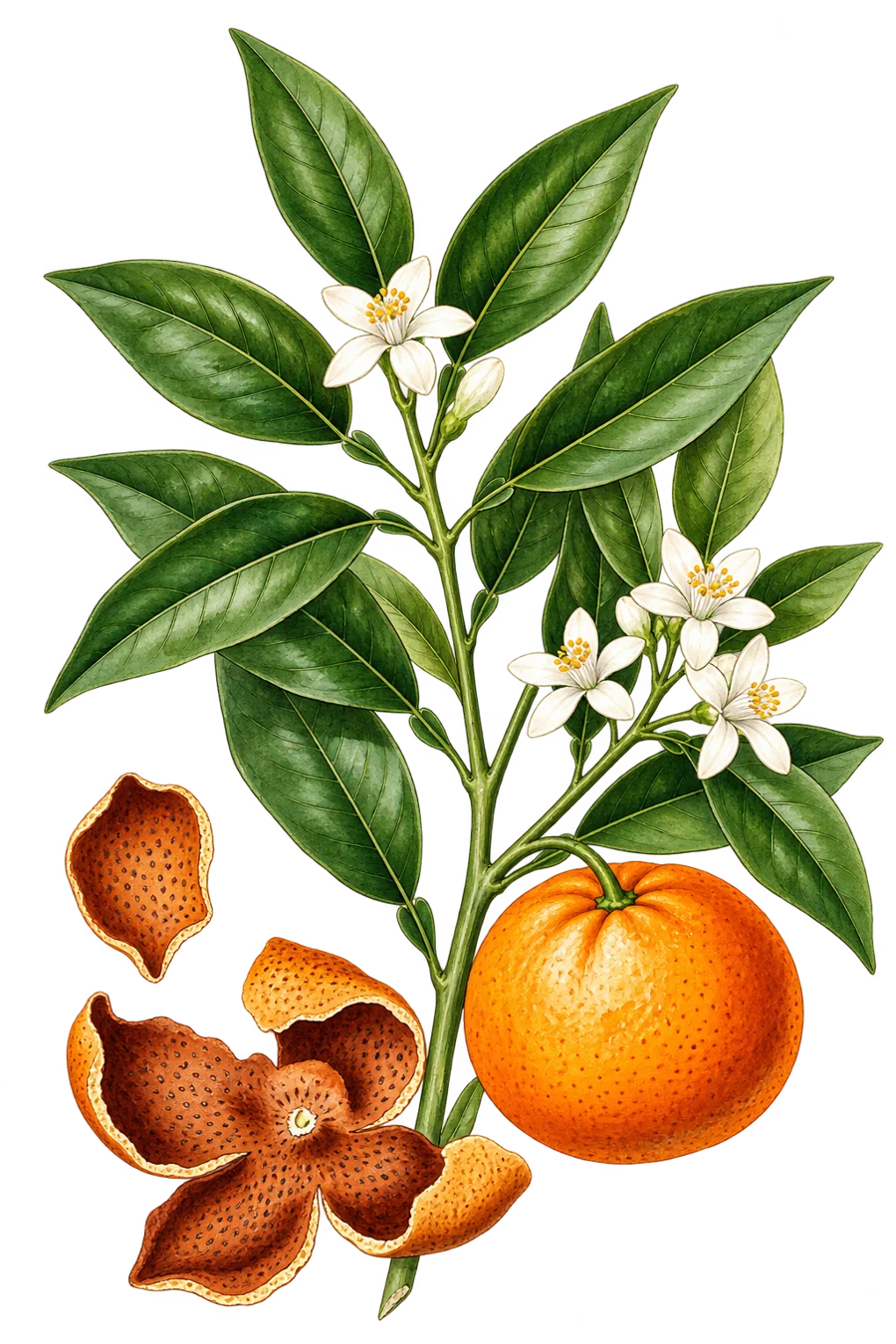 Målad botanisk illustration av en mandaringren med frukt, vita blommor och torkat skal