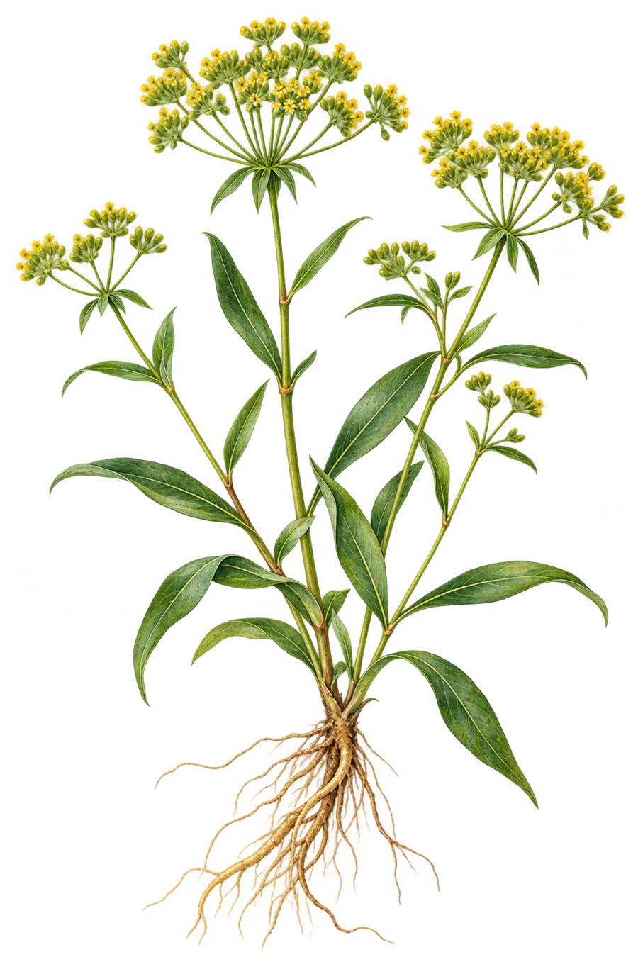 Målad botanisk illustration av Chai Hu med smala blad och luftiga flockar av gula blommor