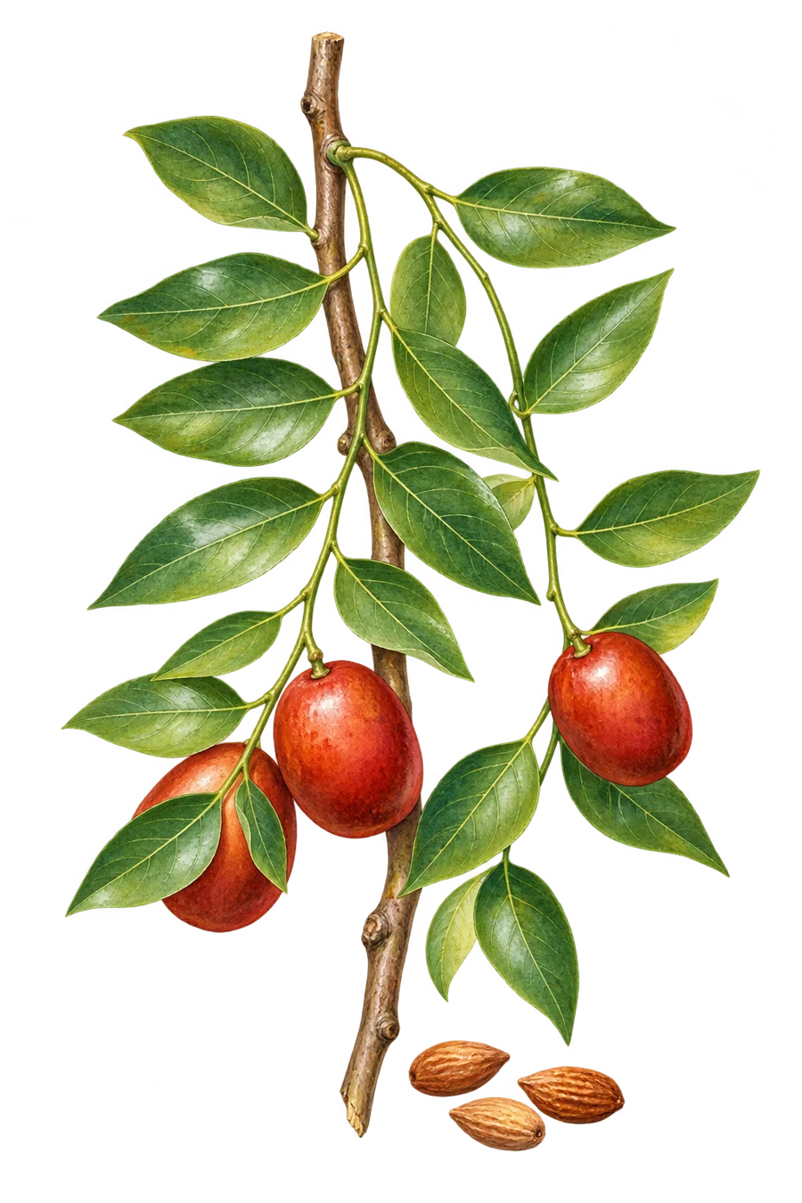 Målad botanisk illustration av en jujubärsgren med gröna blad, röda frukter och små frön