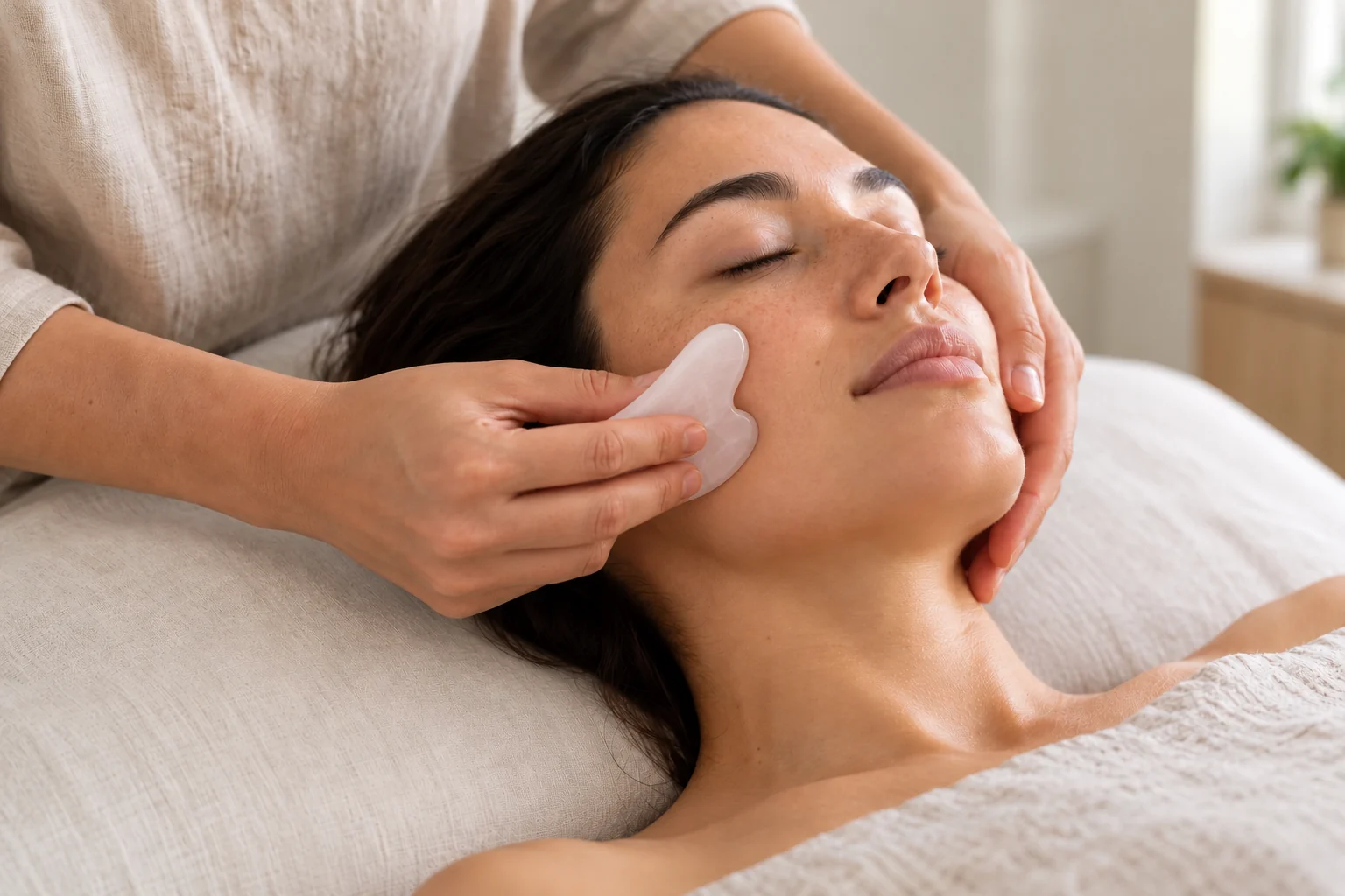 Ansiktsmassage med en gua sha-sten