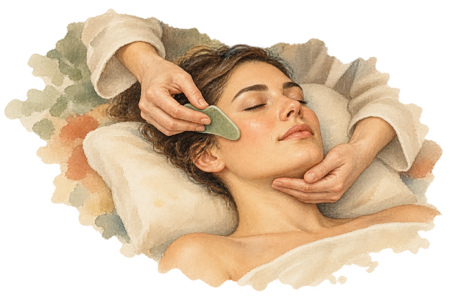 Akvarellillustration av varsam ansiktsmassage med ett Gua Sha-verktyg